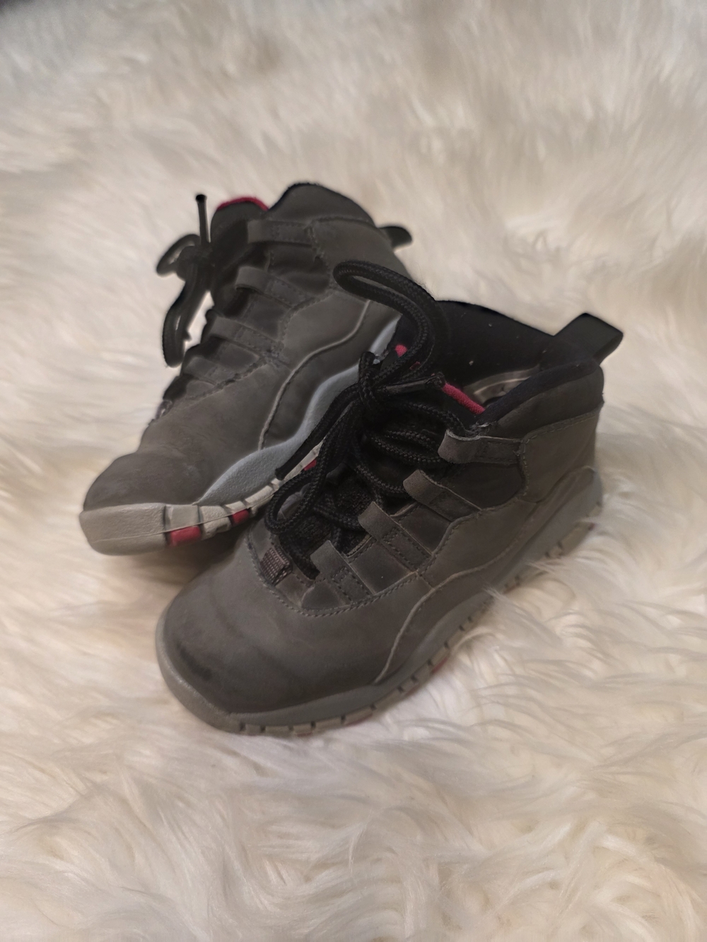 Toddler Jordans Black and Gray Kids Lace-Up Sneakers with Red Accent